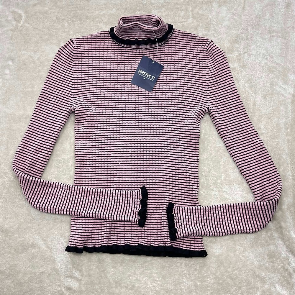 NWT New Forever 21 Pink Black Striped Ribbed Ruffle Turtleneck Sweater Size S